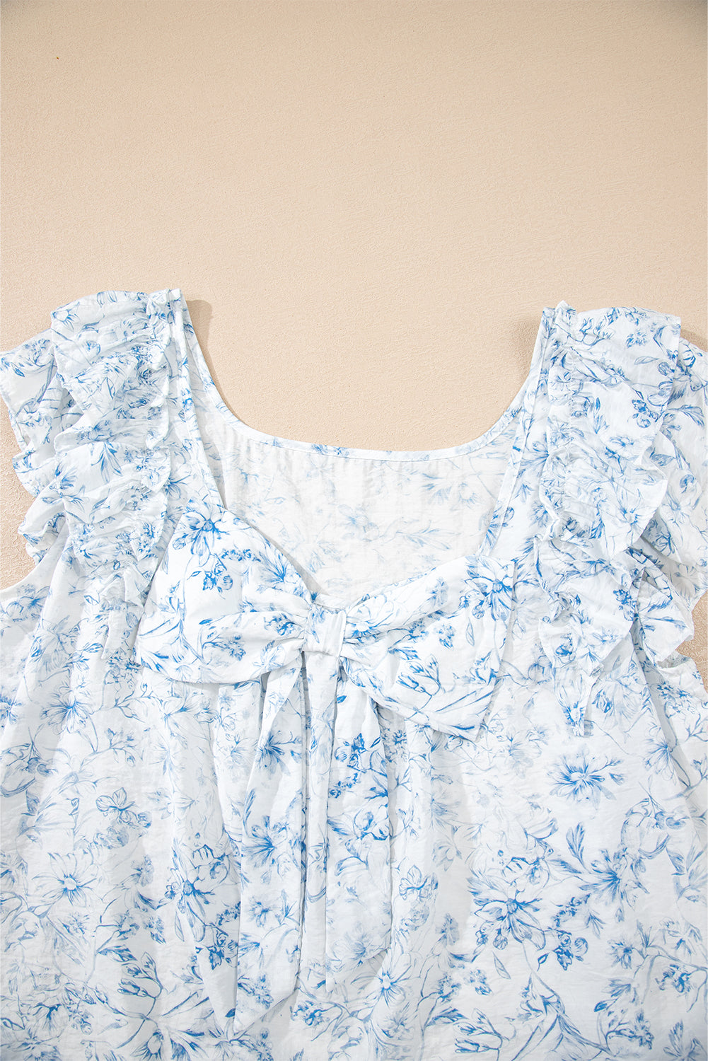 Floral Bow-Back Square Neck Ruffle Sleeve Blouse