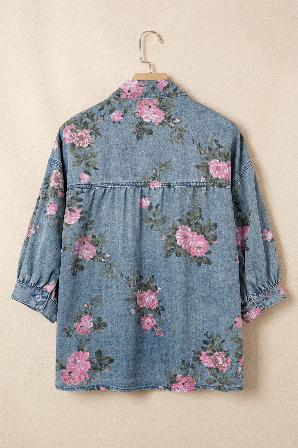 Blue Bracelet Sleeve Floral Denim Shirt