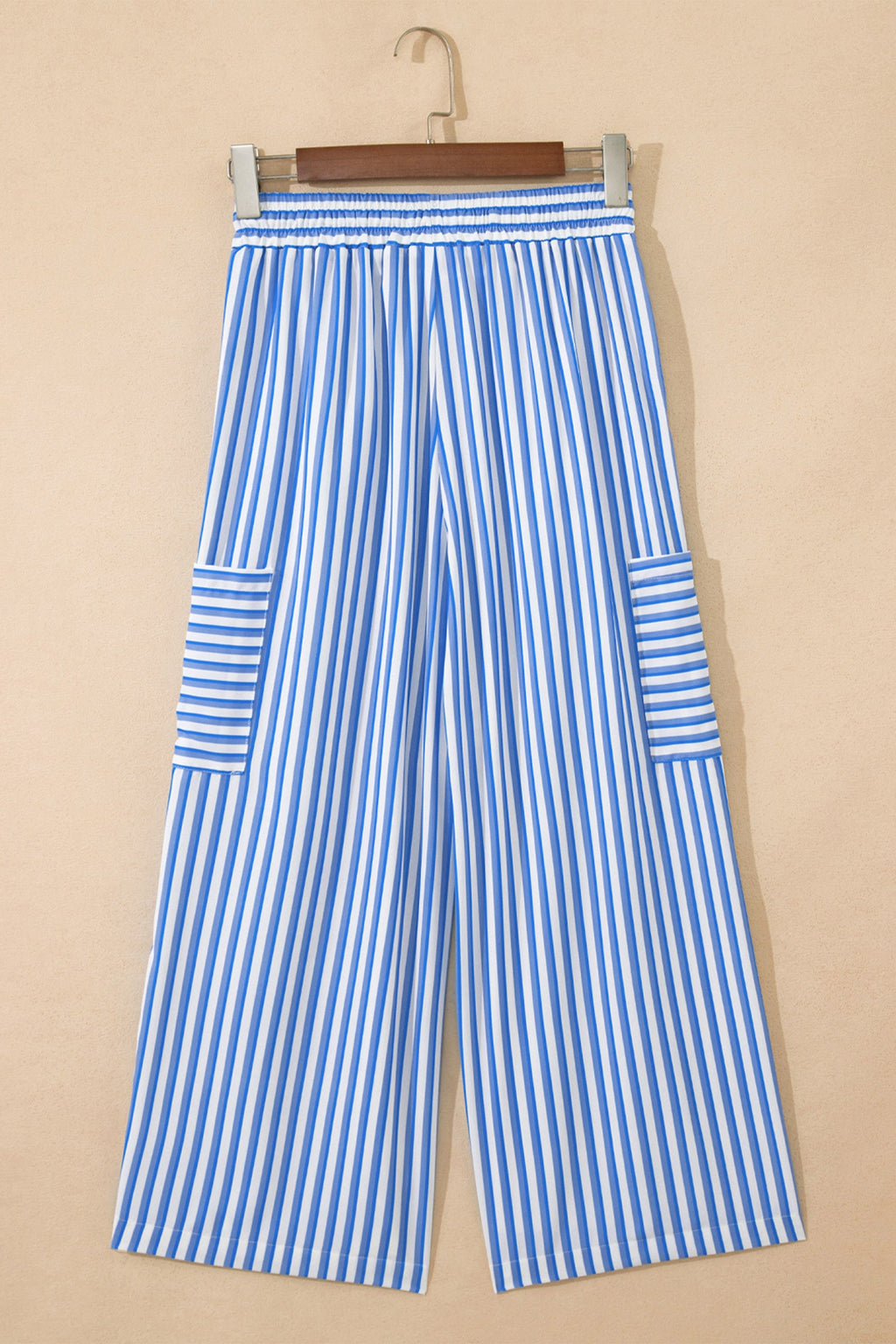 Sky Blue Stripe Drawstring Elastic Waist Patch Pocket Wide Leg Ankle-length Pants