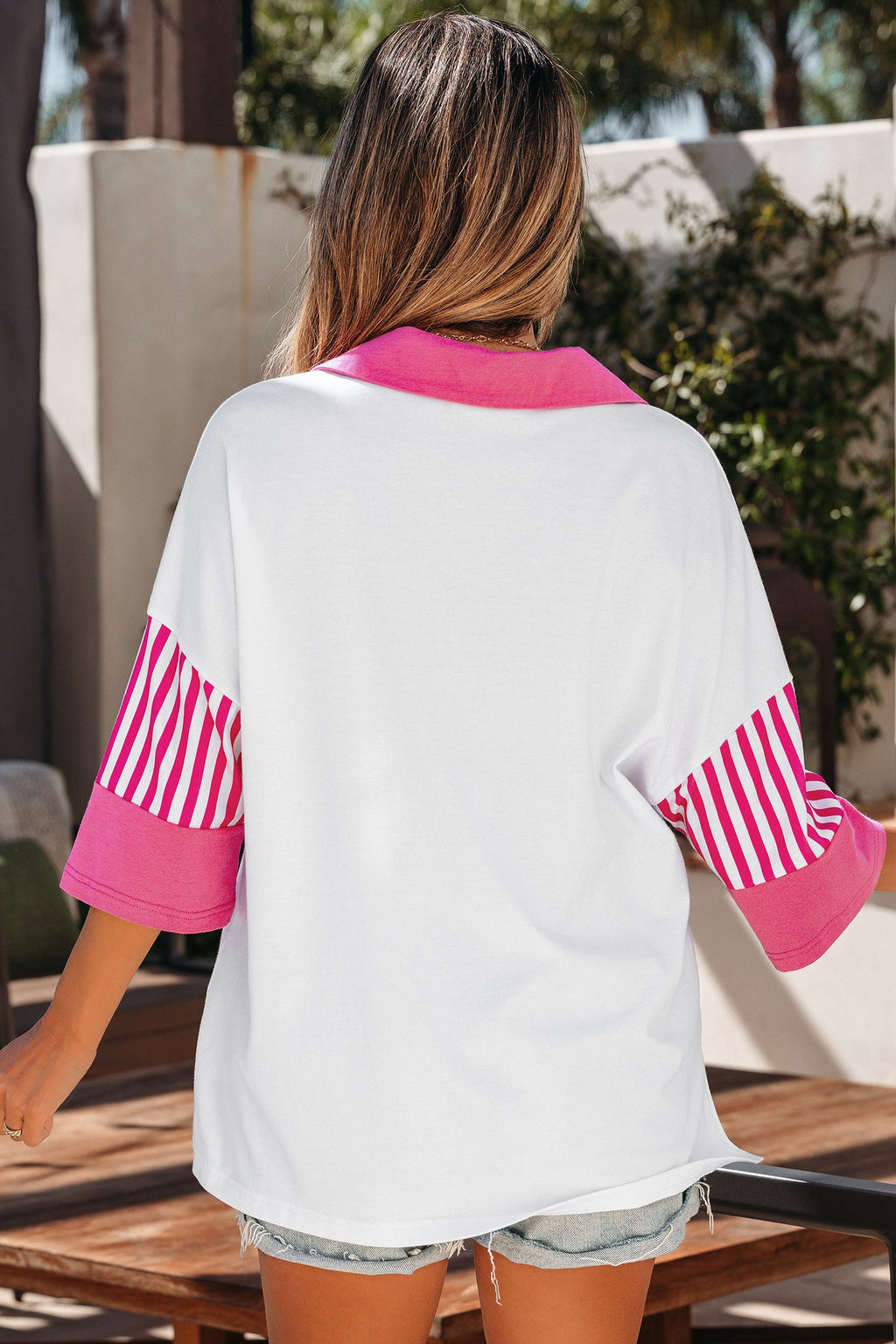 White Striped Color Block Patchwork Polo Collar Half Sleeve T Shirt
