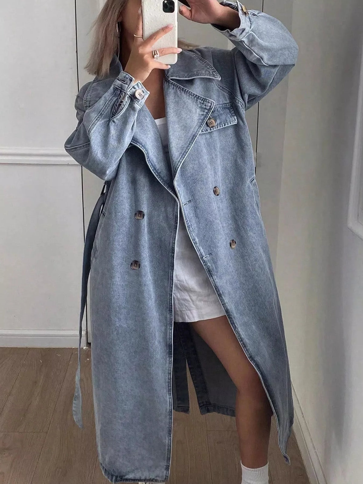 Vintage Washed Longline Denim Trench Jacket