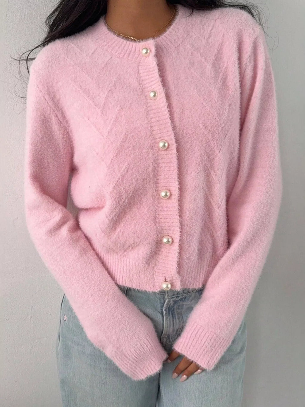 Soft Fuzzy Texture Cardigan with Pearl Buttons