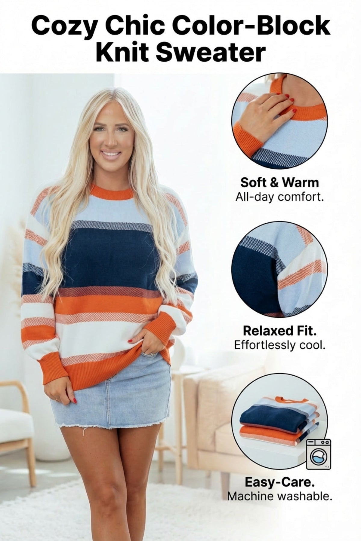 Colorblock Round Neck Long Sleeve Sweater