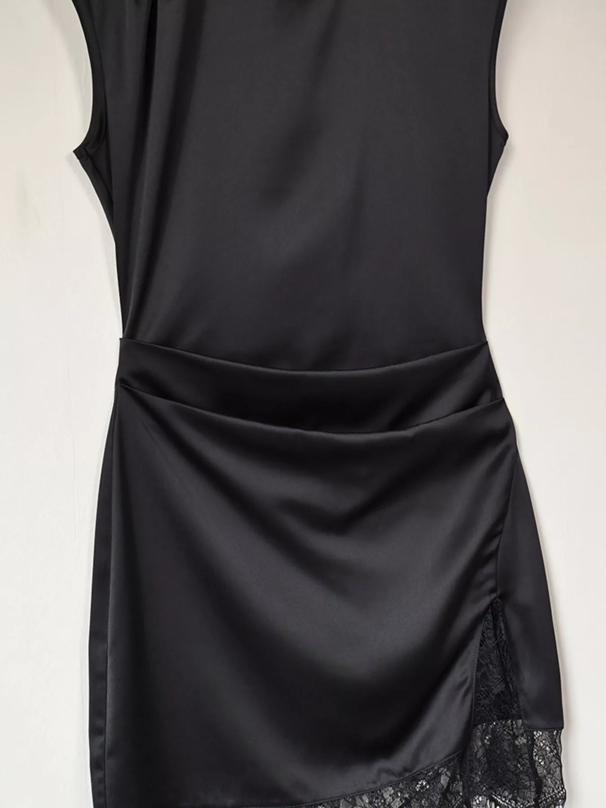 Satin Mock Neck Sleeveless Mini Dress with Lace Hem