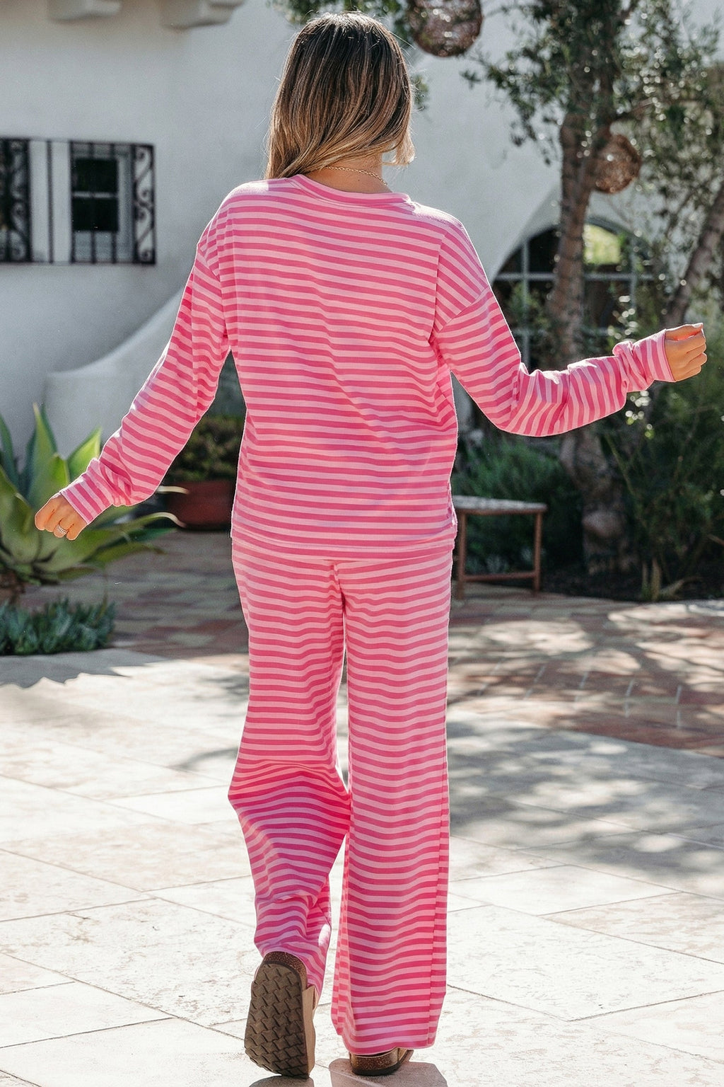 Rose Stripe Drop Shoulder Round Neck Top and Buttoned Straight Pants Two Piece Set