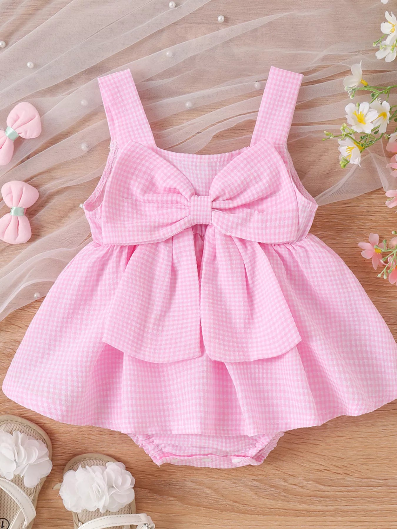 Children's Bow-Knot Gingham One-Piece Dress