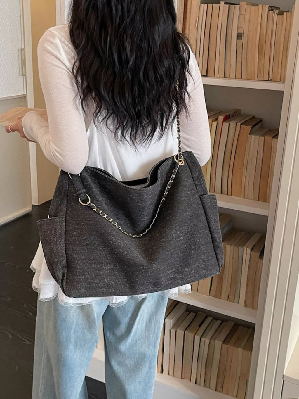 Denim Shoulder Bag with Chain Strap