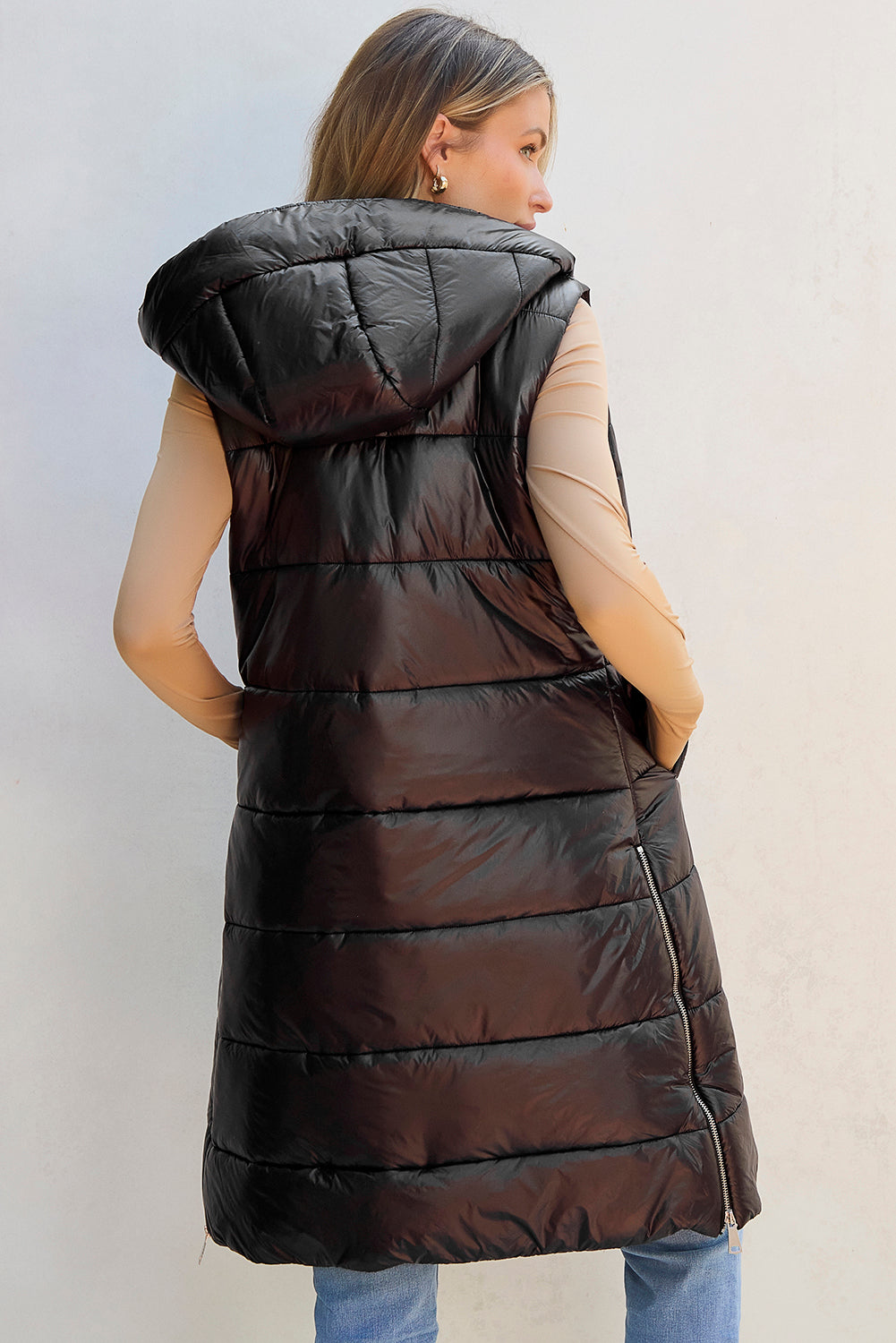 Solid Quilted Long Hooded Vest Coat