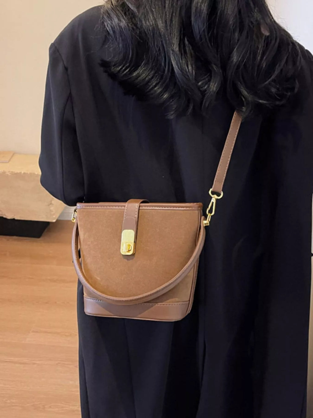 Gold Clasp Bucket Crossbody Bag