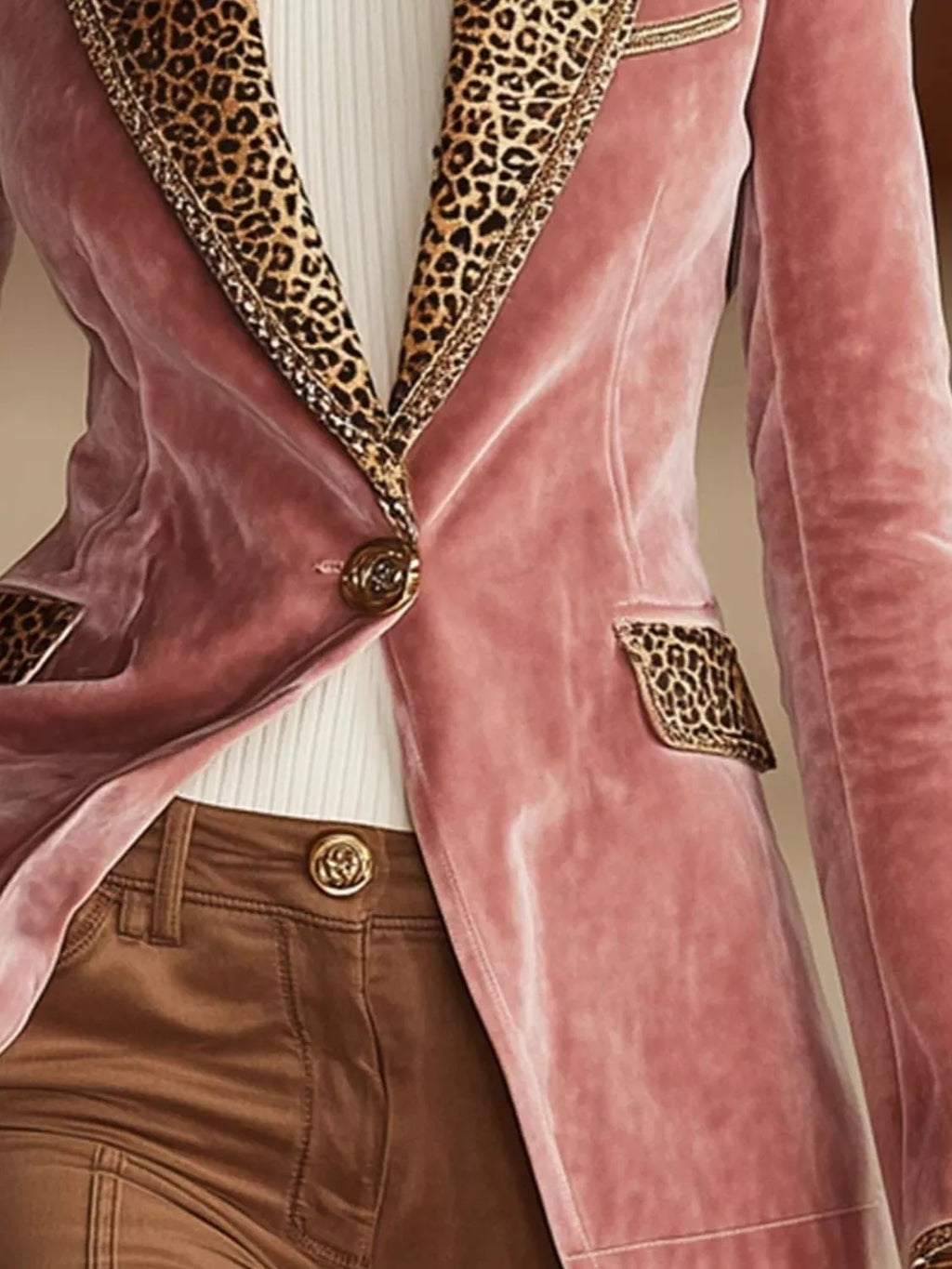 Full Size Leopard Collar One Button Blazer Plus Size