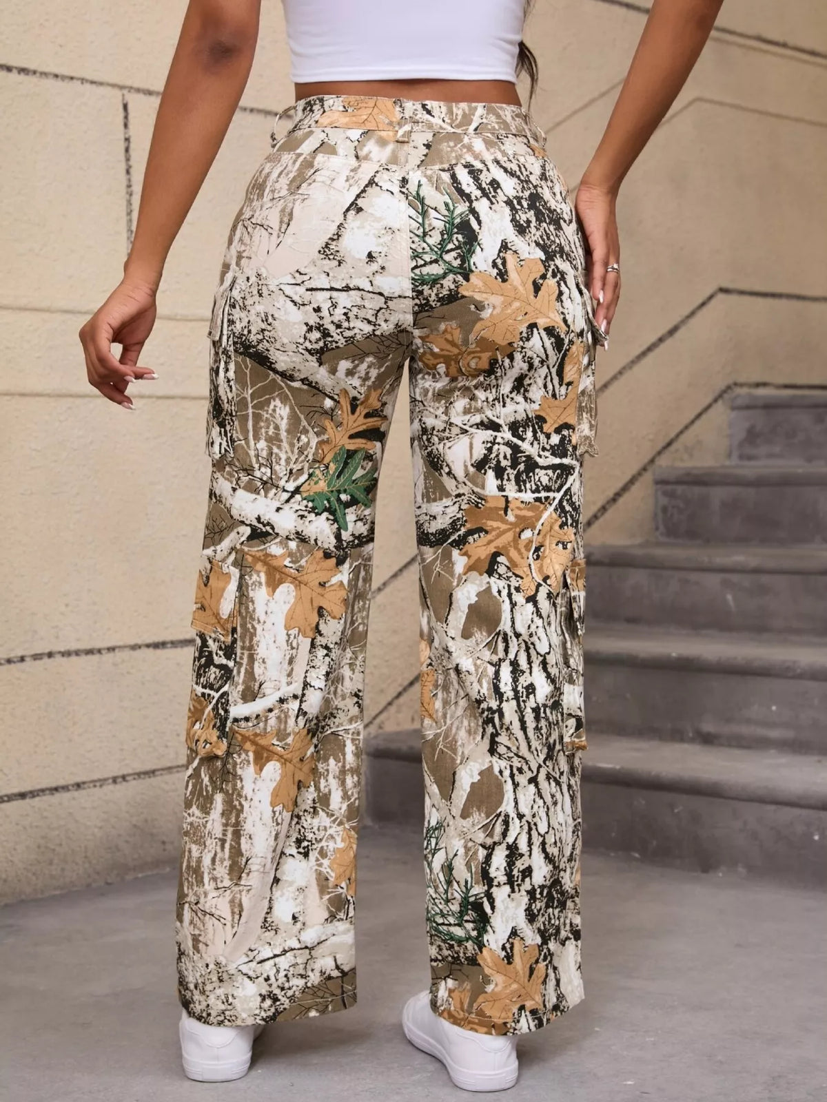 High-Waisted Camouflage Print Cargo Pants