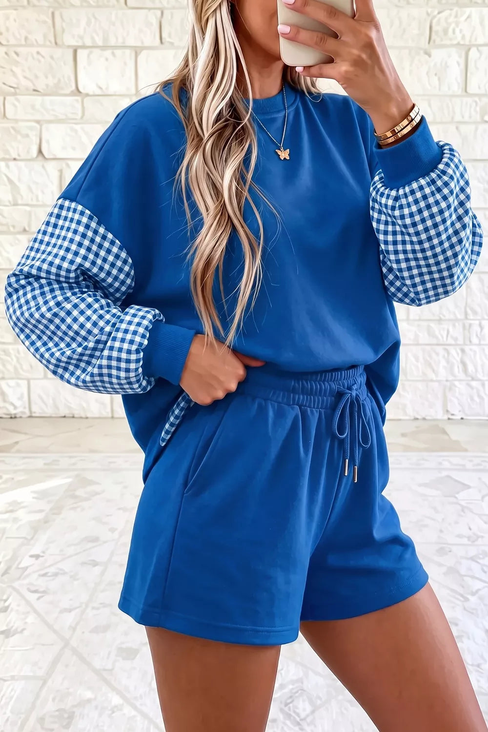 Gingham Patchwork Long Sleeve Sweatshirt and Shorts Set