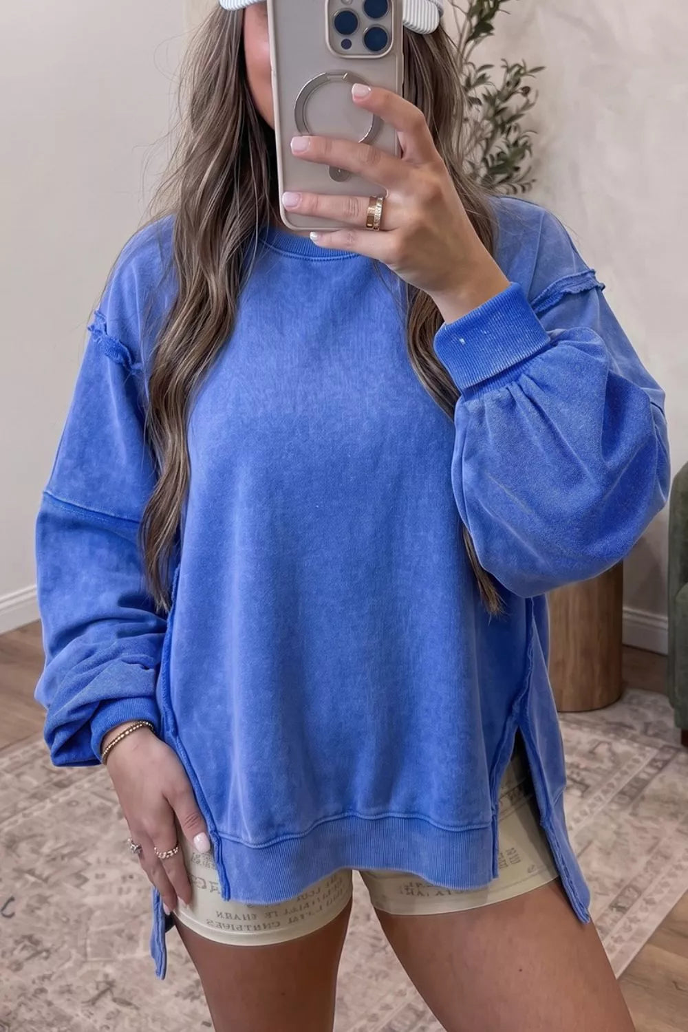 Mineral Wash Split Hem Loose Tunic Sweatshirt