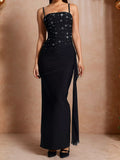 Rhinestone Slit Maxi Dress with Draping Detail