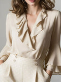 Ruffle-Trim V-Neck Blouse with Bell Sleeves