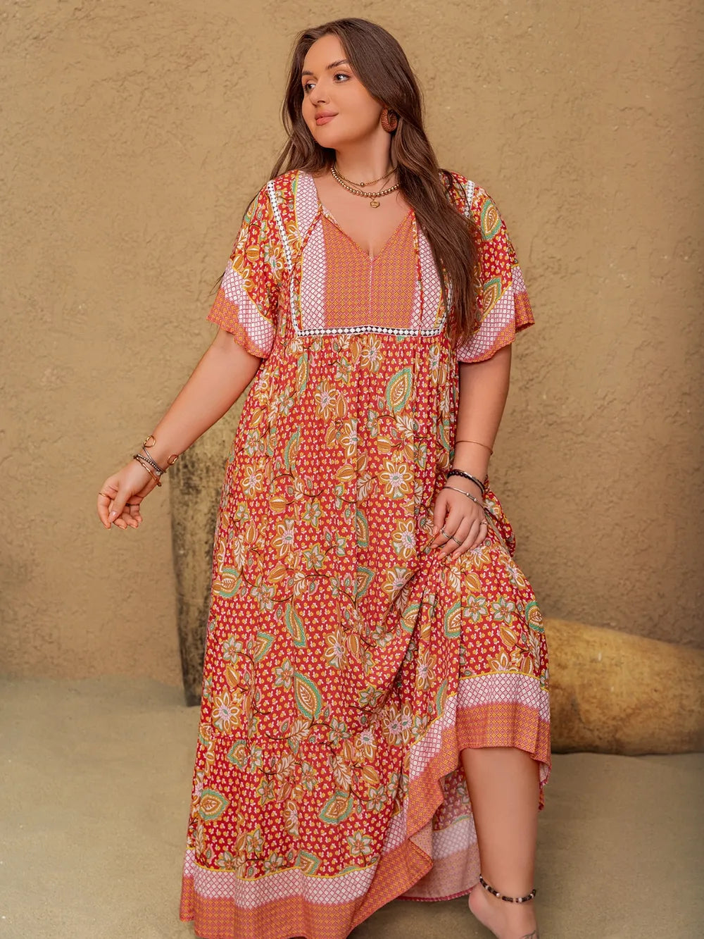 Printed Tie Neck Flutter Sleeve Maxi Dress