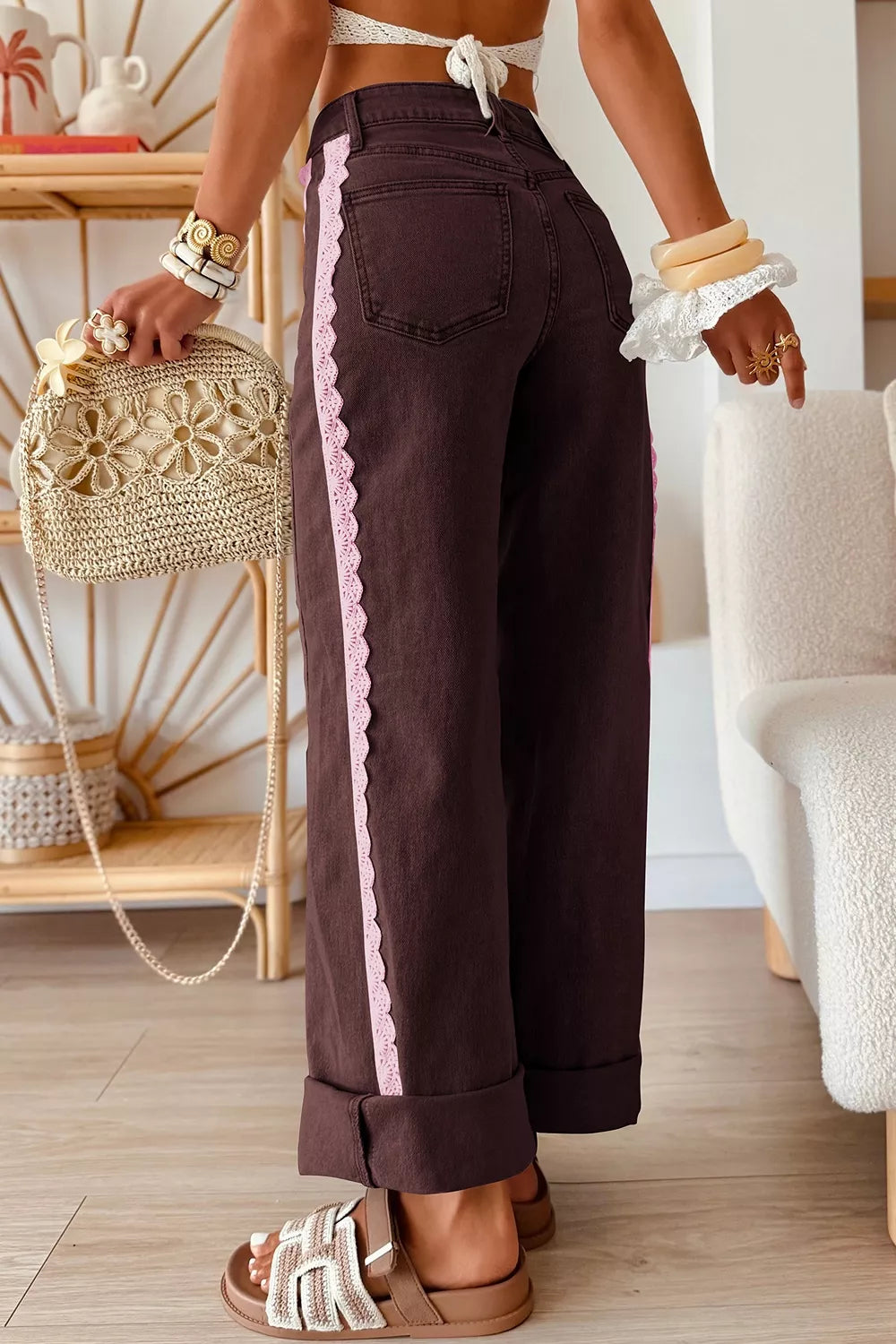 Lace Trim Casual Full-Length Regular Fit Jeans