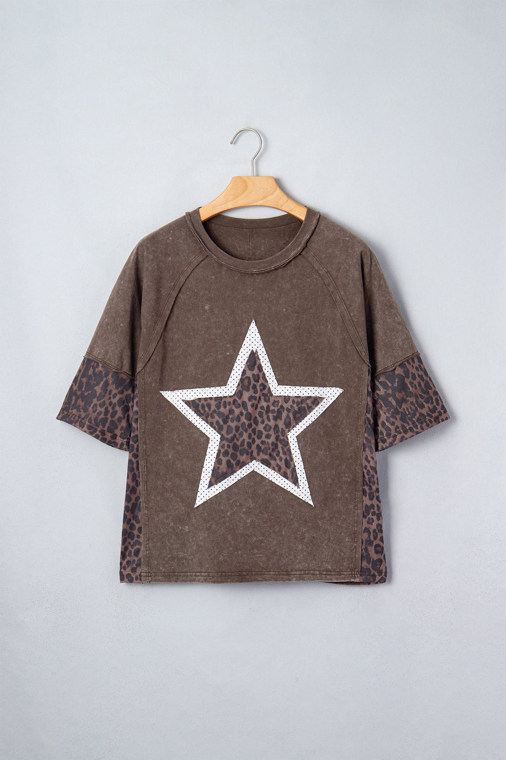 Coffee Mineral Wash Exposed Seam Leopard Star Patched T Shirt