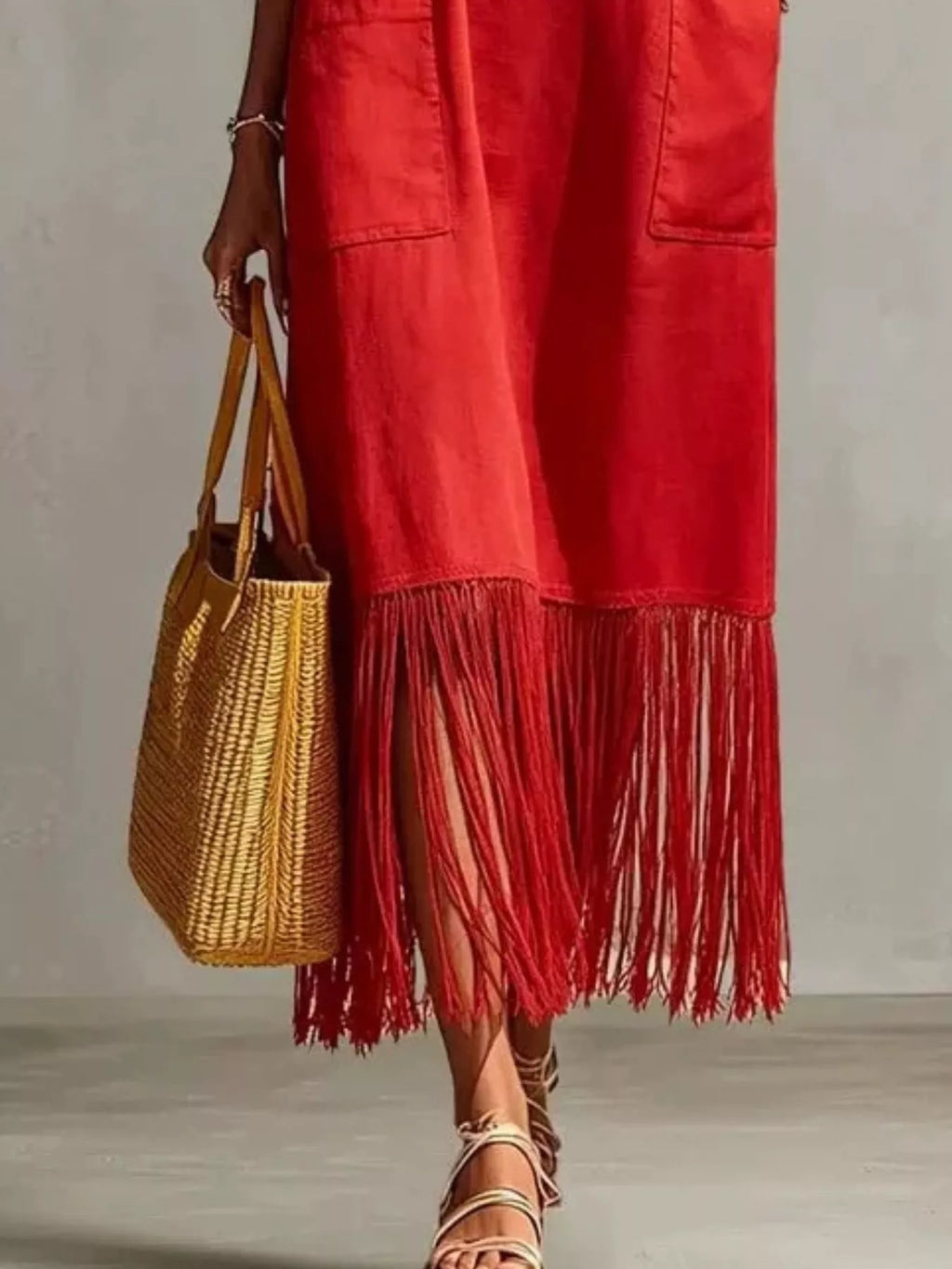 Full Size Fringe V-Neck Spaghetti Strap Dress Plus Size