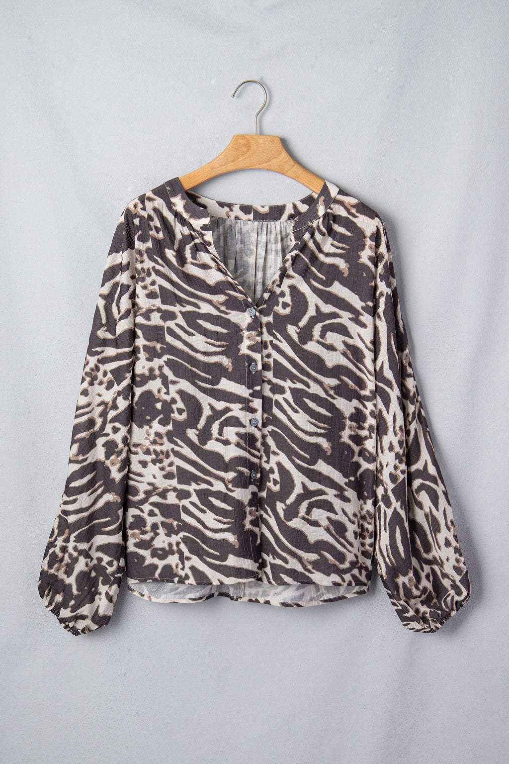 Leopard Buttoned V-Neck Long Sleeve Shirt