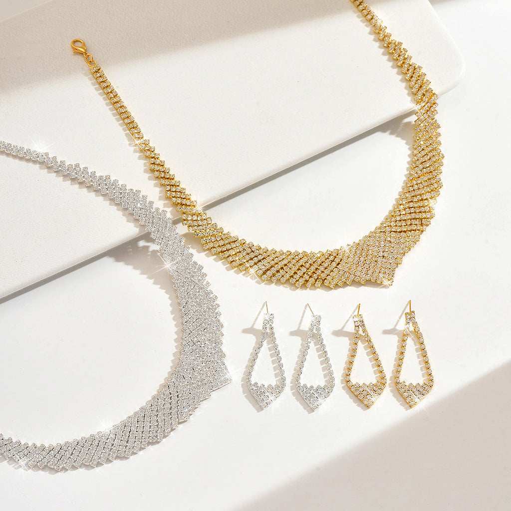 Womens Glamorous Bridal 2 Pcs Rhinestone Set,Gold Tone V Shape Necklace And Hollow Diamond Shape Dangle Earrings For Wedding Party Wear