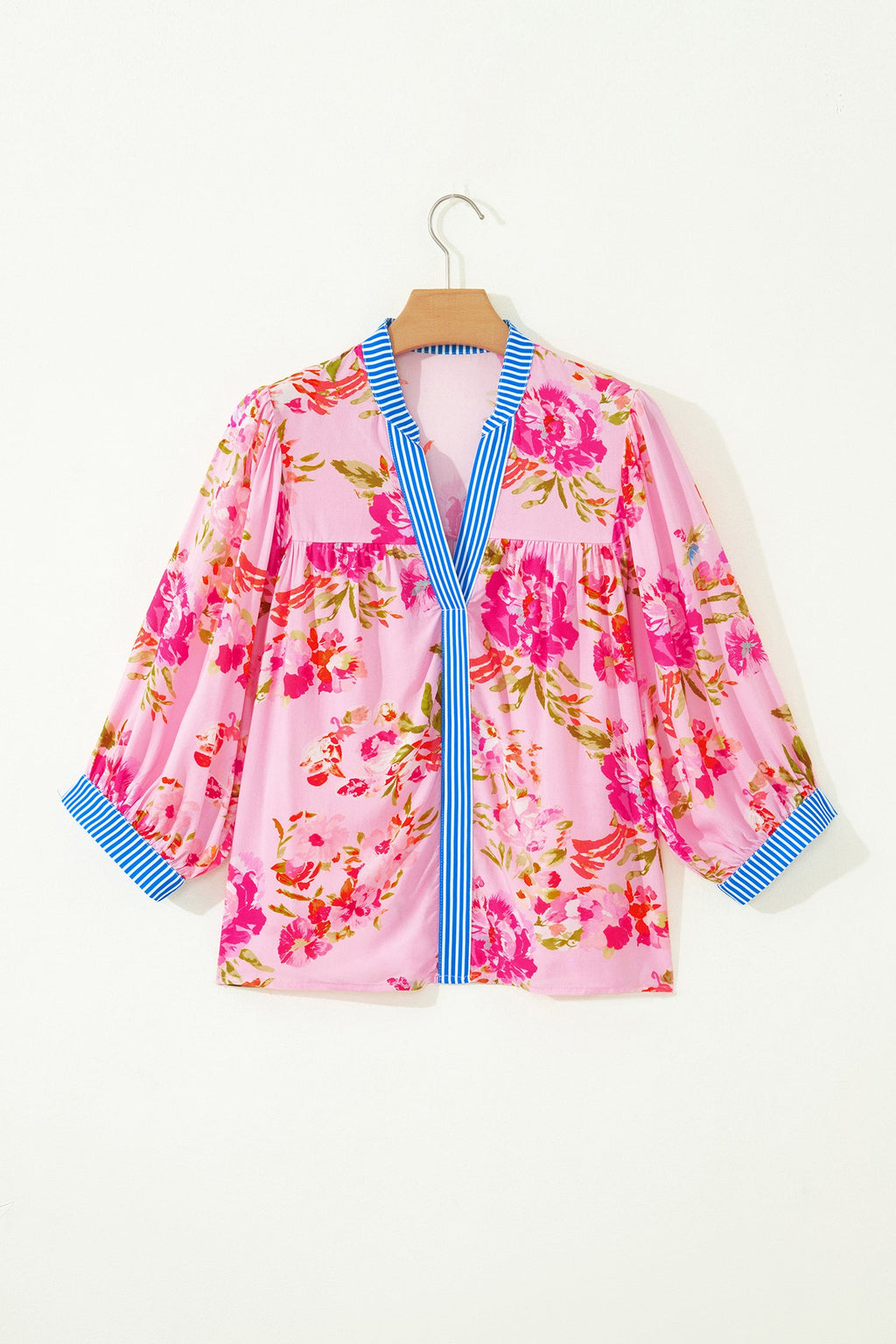 Multicolour Floral Half Sleeve Striped Trim V Neck Blouse