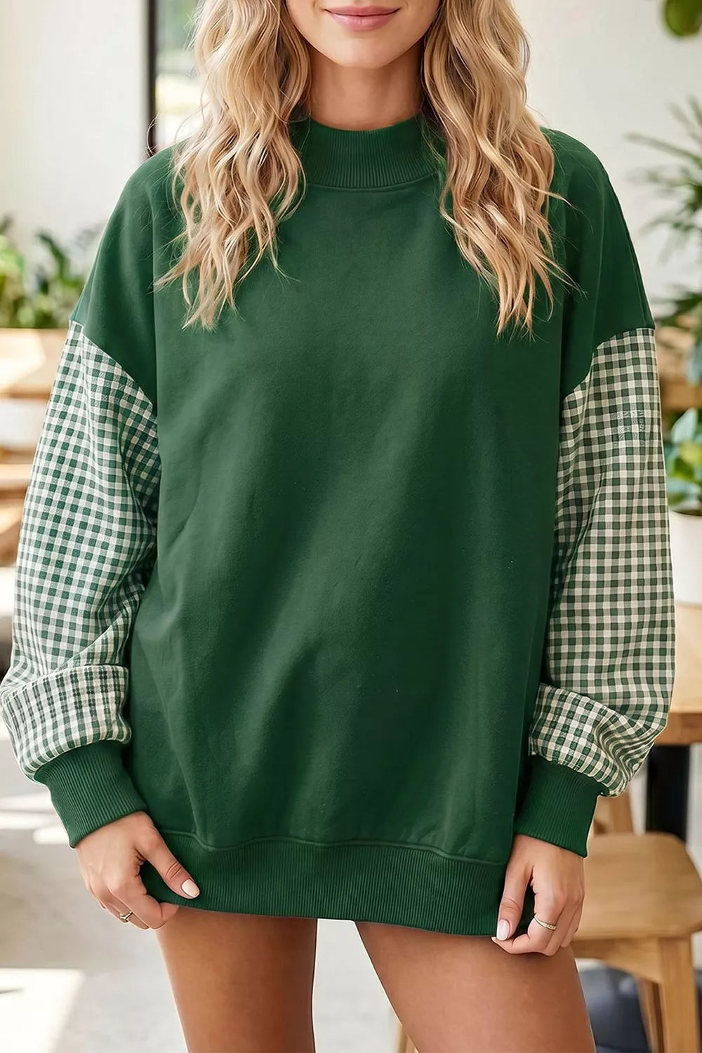 Gingham Sleeve Mock Neck Sweatshirt
