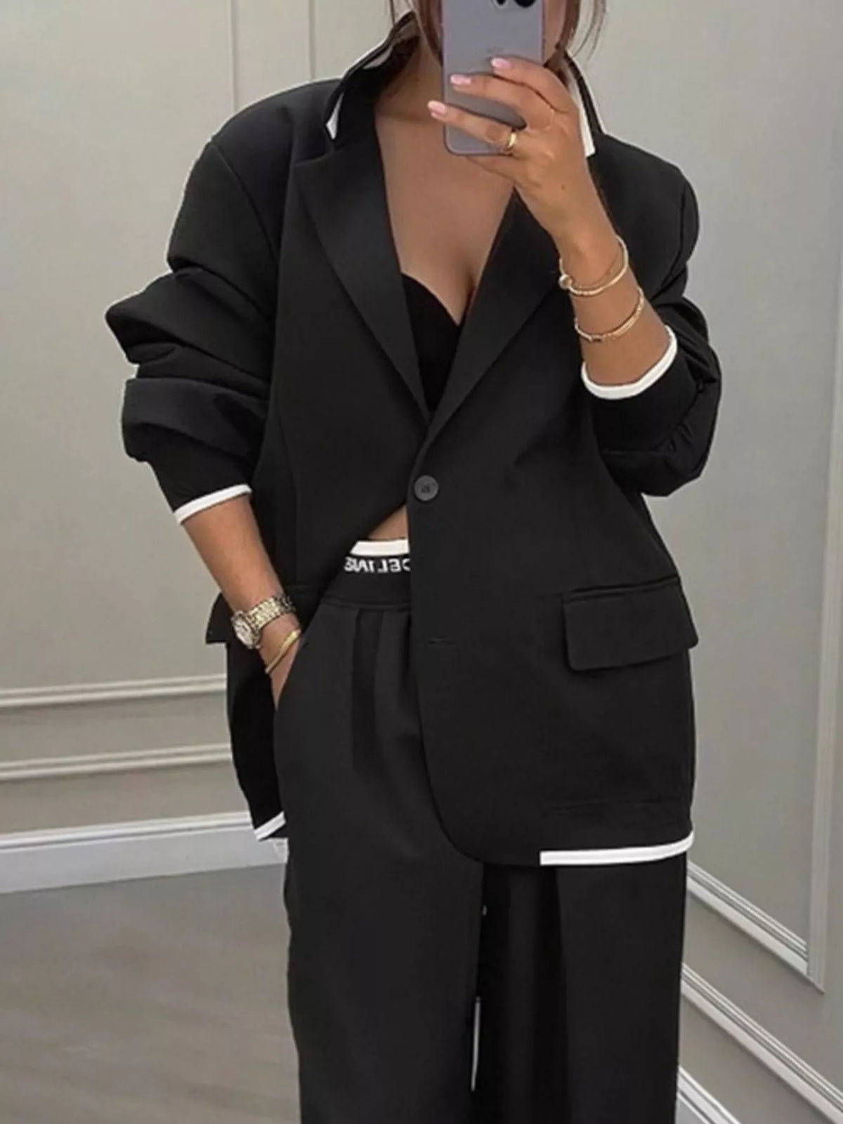 Full Size One Button Blazer and Wide-Leg Pants Set Plus Size