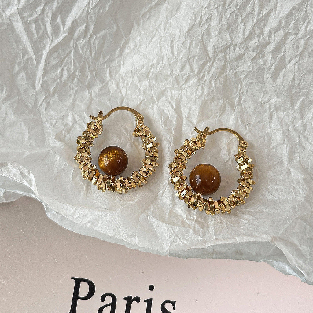 Copper-plated Real-gold Tiny Silver Cat-eye Stone Hoop Earrings Ear Rings And Ear Accessories