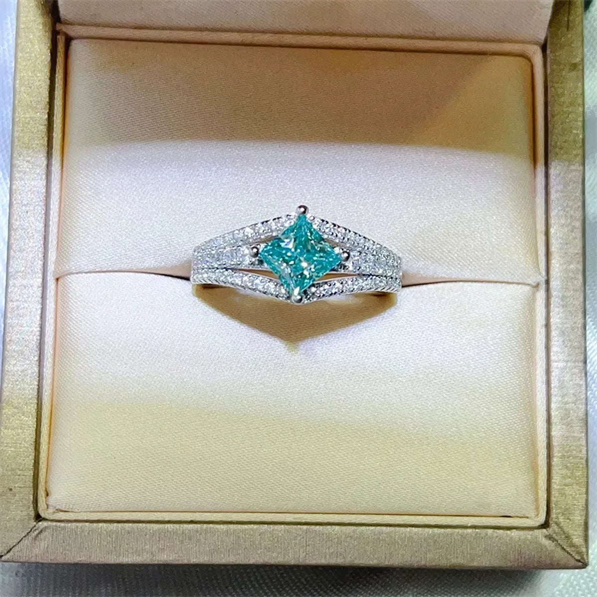 1 Carat Square-Cut Teal Moissanite Pavé Ring in 925 Sterling Silver