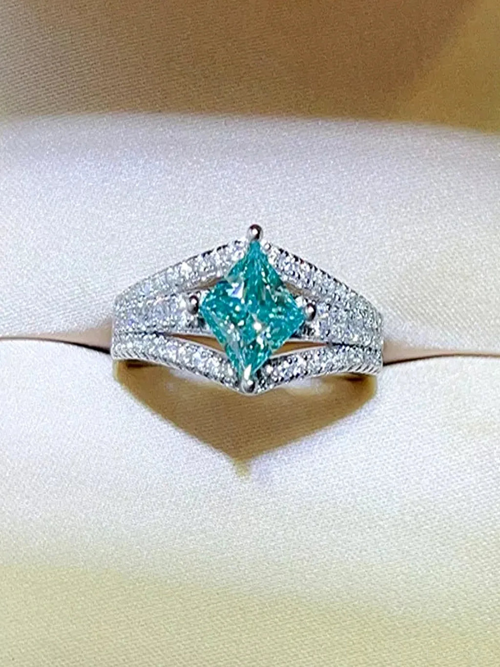 1 Carat Square-Cut Teal Moissanite Pavé Ring in 925 Sterling Silver