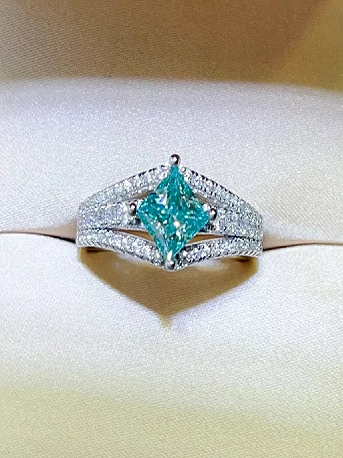 1 Carat Square-Cut Teal Moissanite Pavé Ring in 925 Sterling Silver