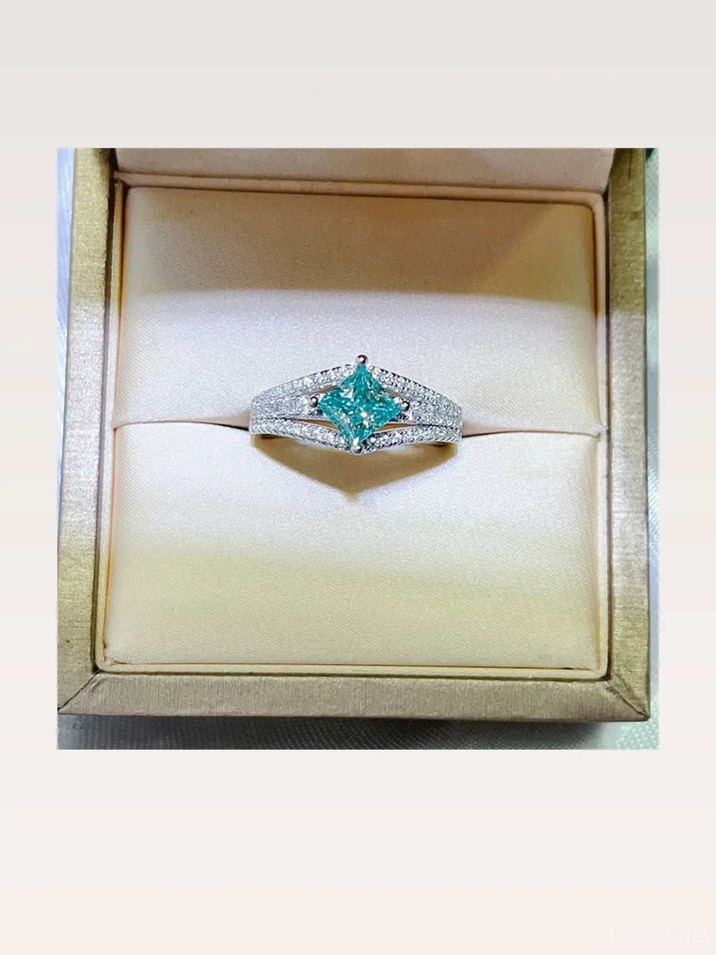 1 Carat Square-Cut Teal Moissanite Pavé Ring in 925 Sterling Silver