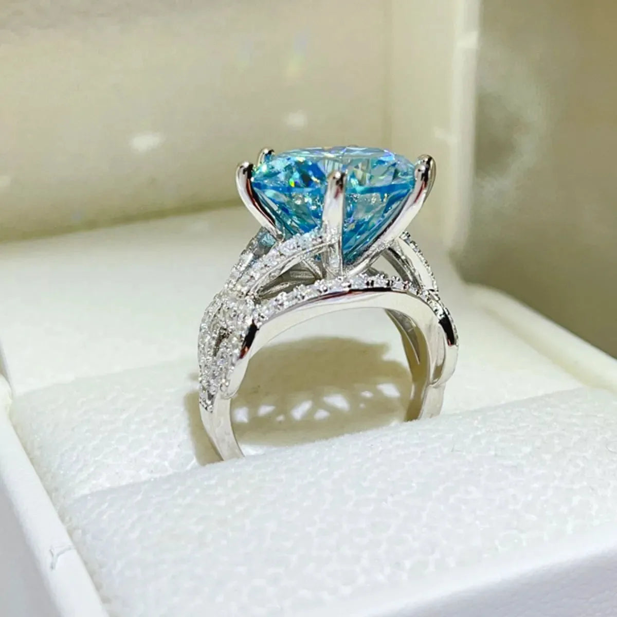 10 Carat Moissanite Sterling Silver Blue Pavé Cocktail Ring