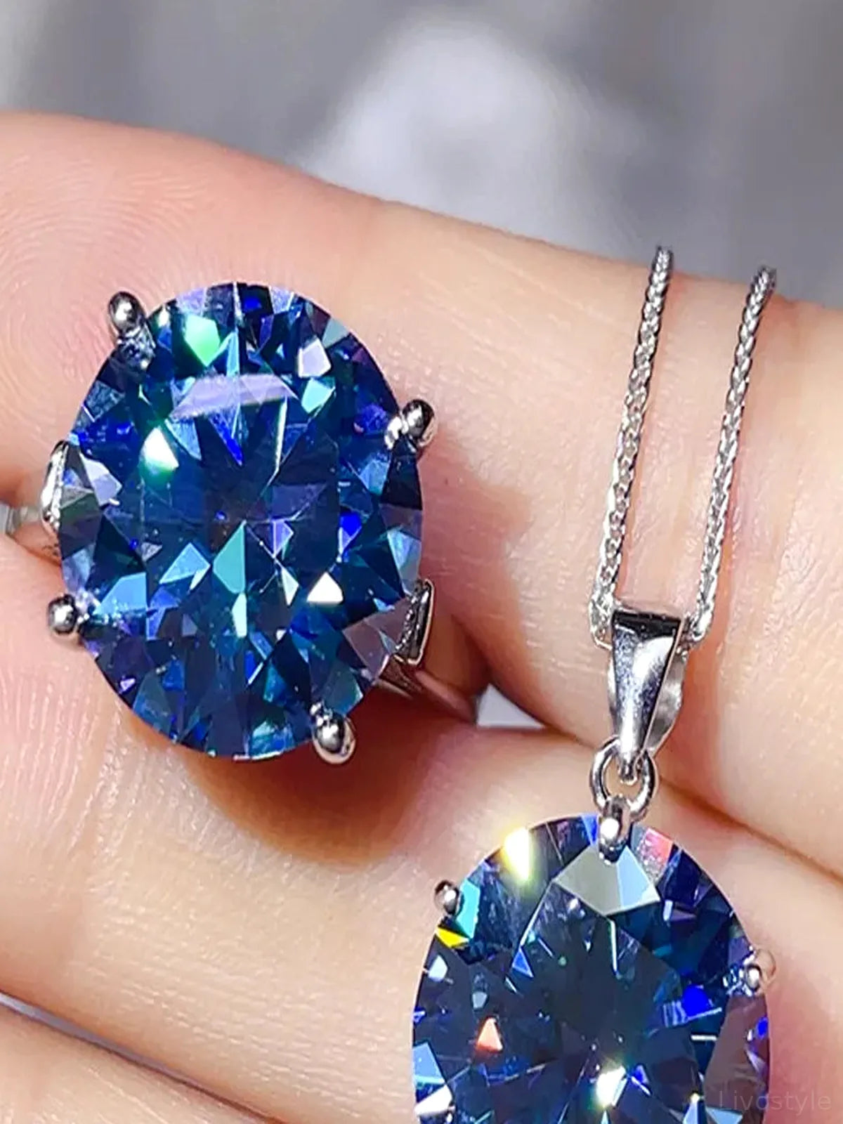 10 Carat Blue Moissanite Ring and Necklace Set in 925 Sterling Silver