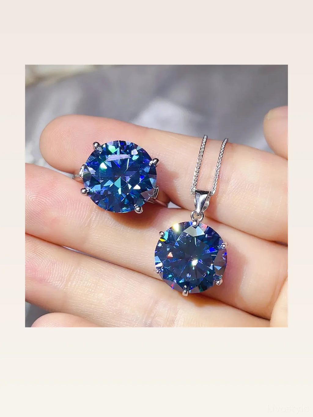 10 Carat Blue Moissanite Ring and Necklace Set in 925 Sterling Silver