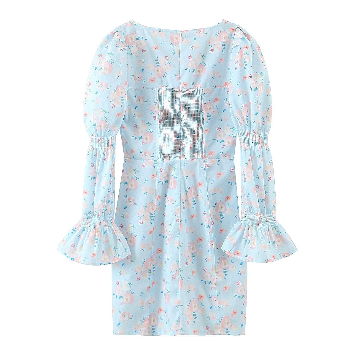 Summer Women Clothing Blue Background Floral Print Chest Pleated Flared Sleeve Square Collar Sheath Dress