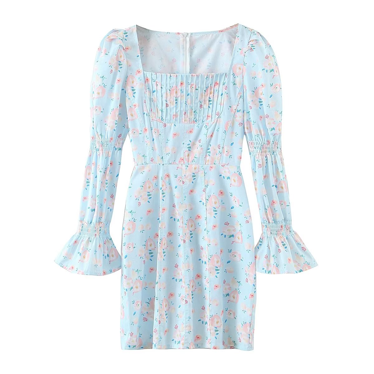 Summer Women Clothing Blue Background Floral Print Chest Pleated Flared Sleeve Square Collar Sheath Dress