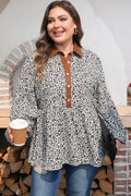 Khaki Plus Size Buttoned Contrast Trim Puff Sleeve Leopard Print Blouse