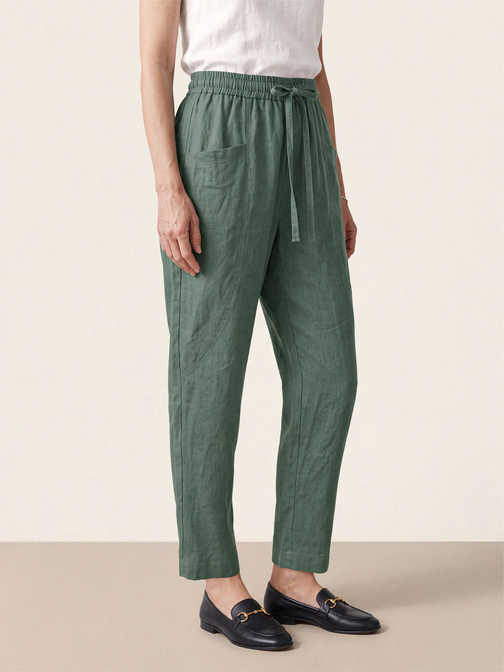 100% Linen Drawstring Utility Ankle Pants AMELINE