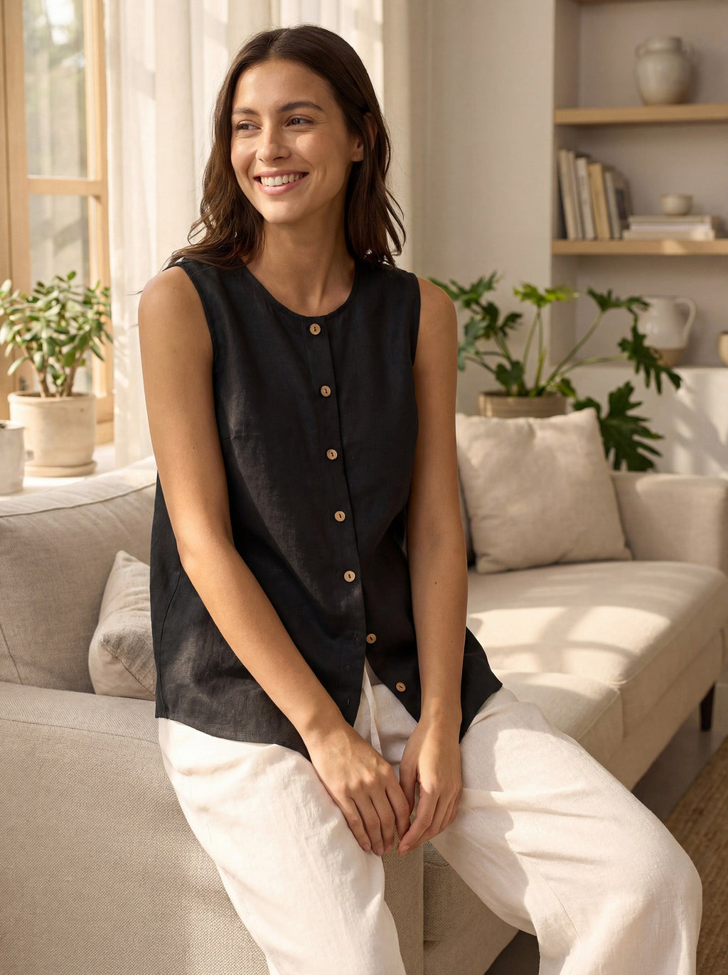 100% Linen Buttons Down Tank Top ERIN