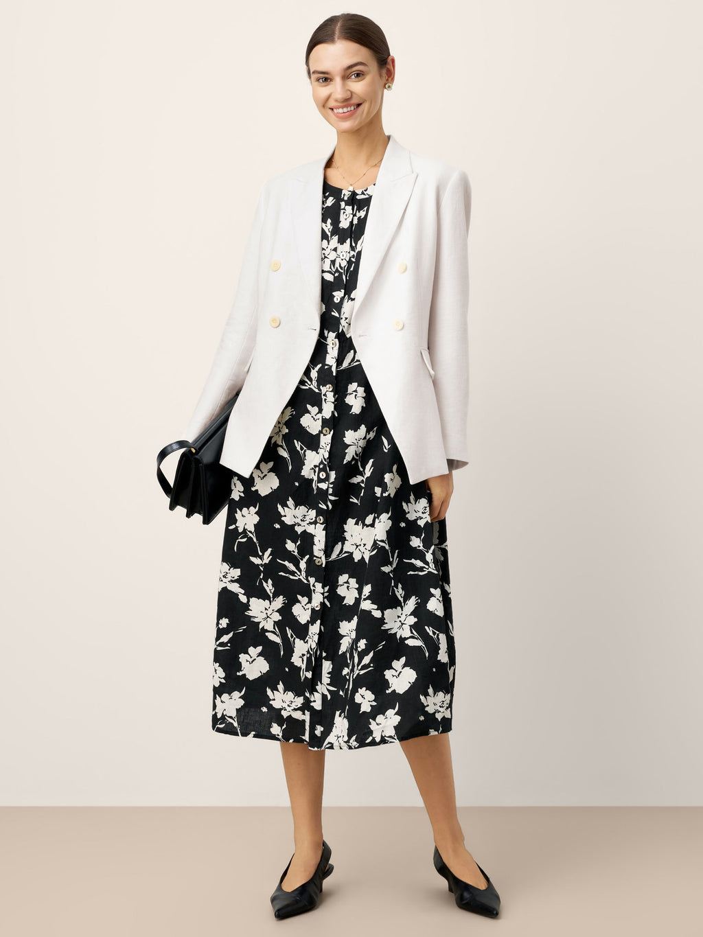 100% Linen Floral Printed Gathered Midi Dress ELODIE