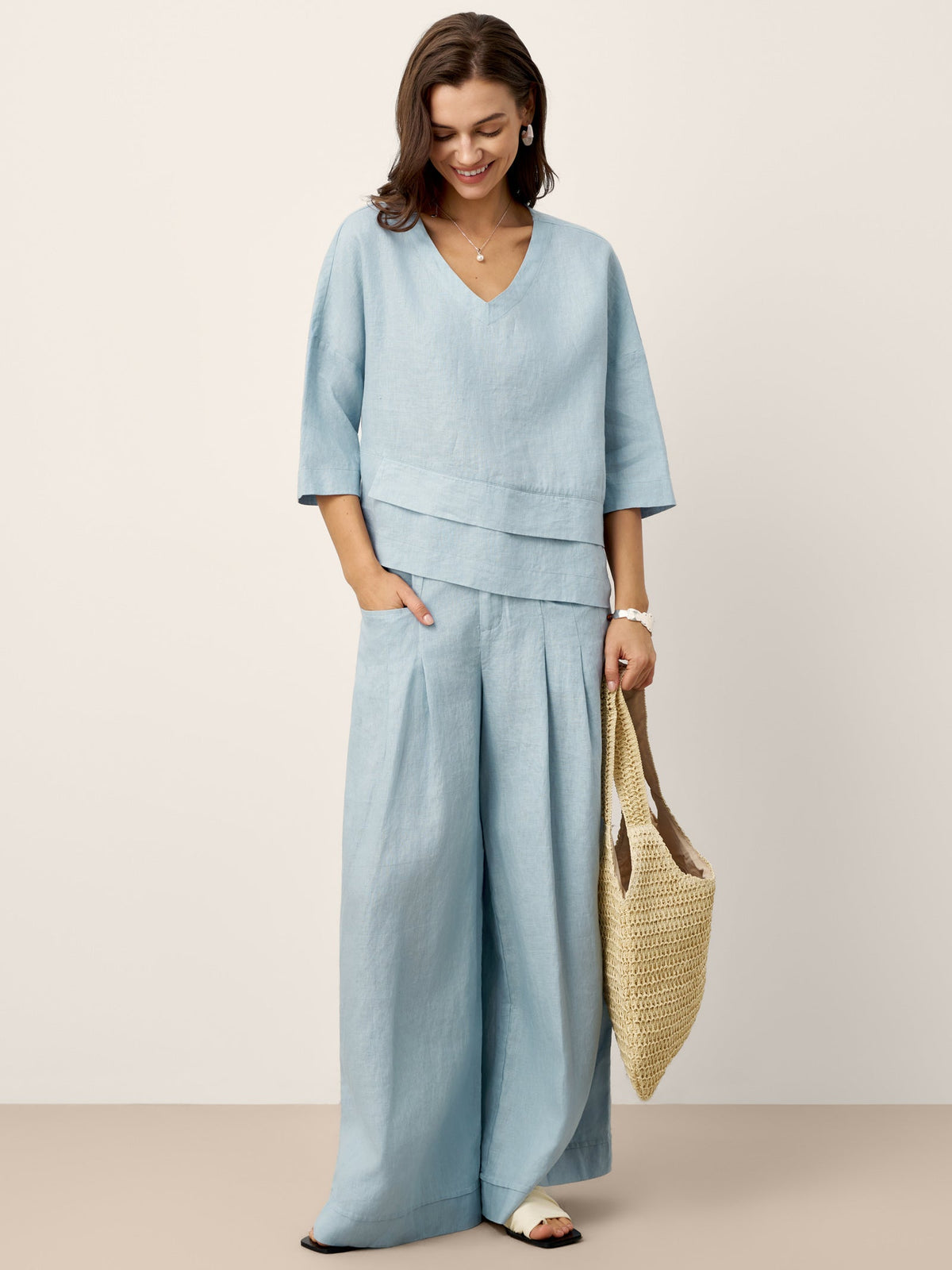 100% Linen Sculpted Pleat Elasticated Back Relaxed Pants VERIDIANA