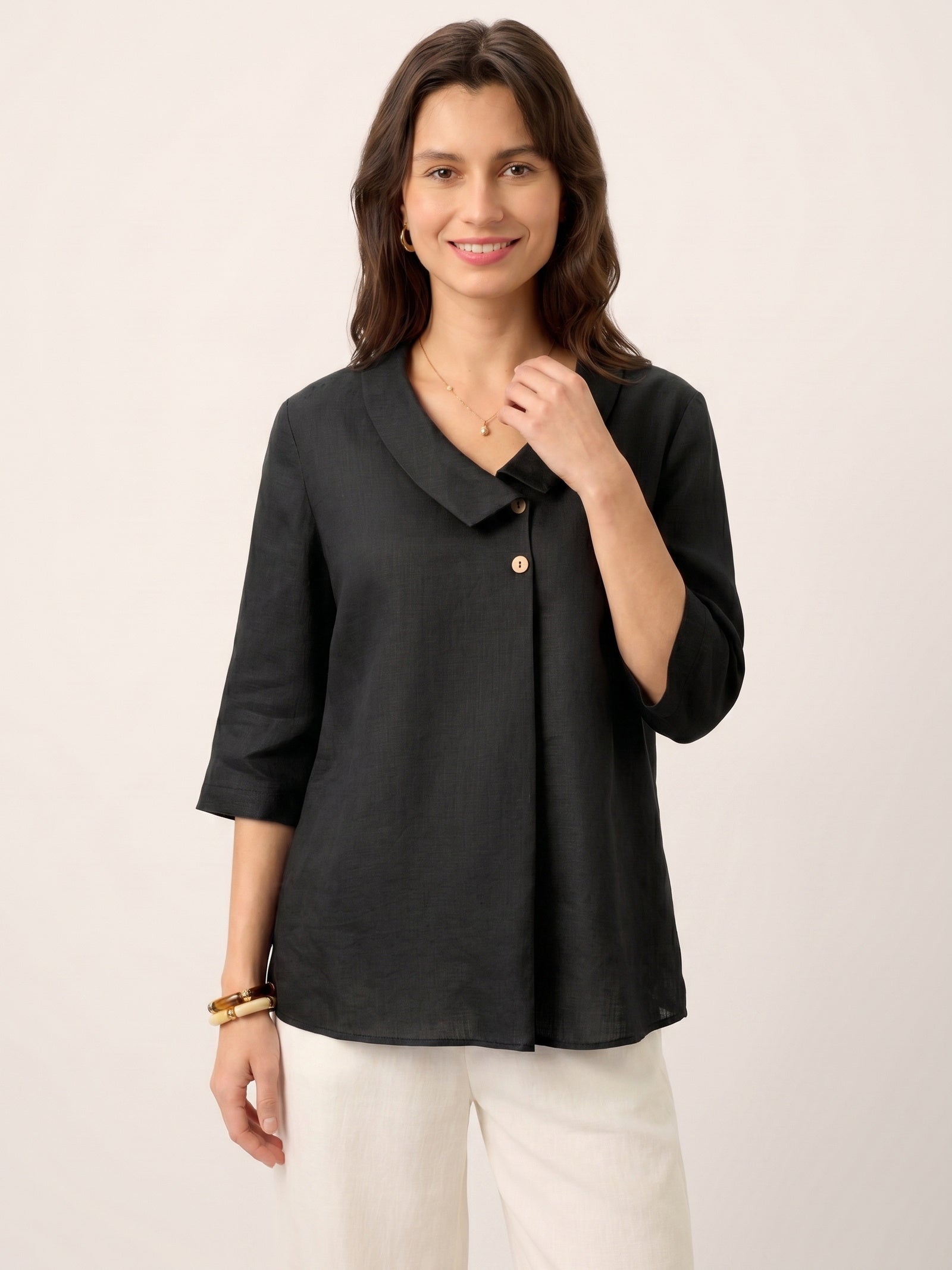 100% Linen Asymmetric Collar Inverted Pleat Top OTTILIE
