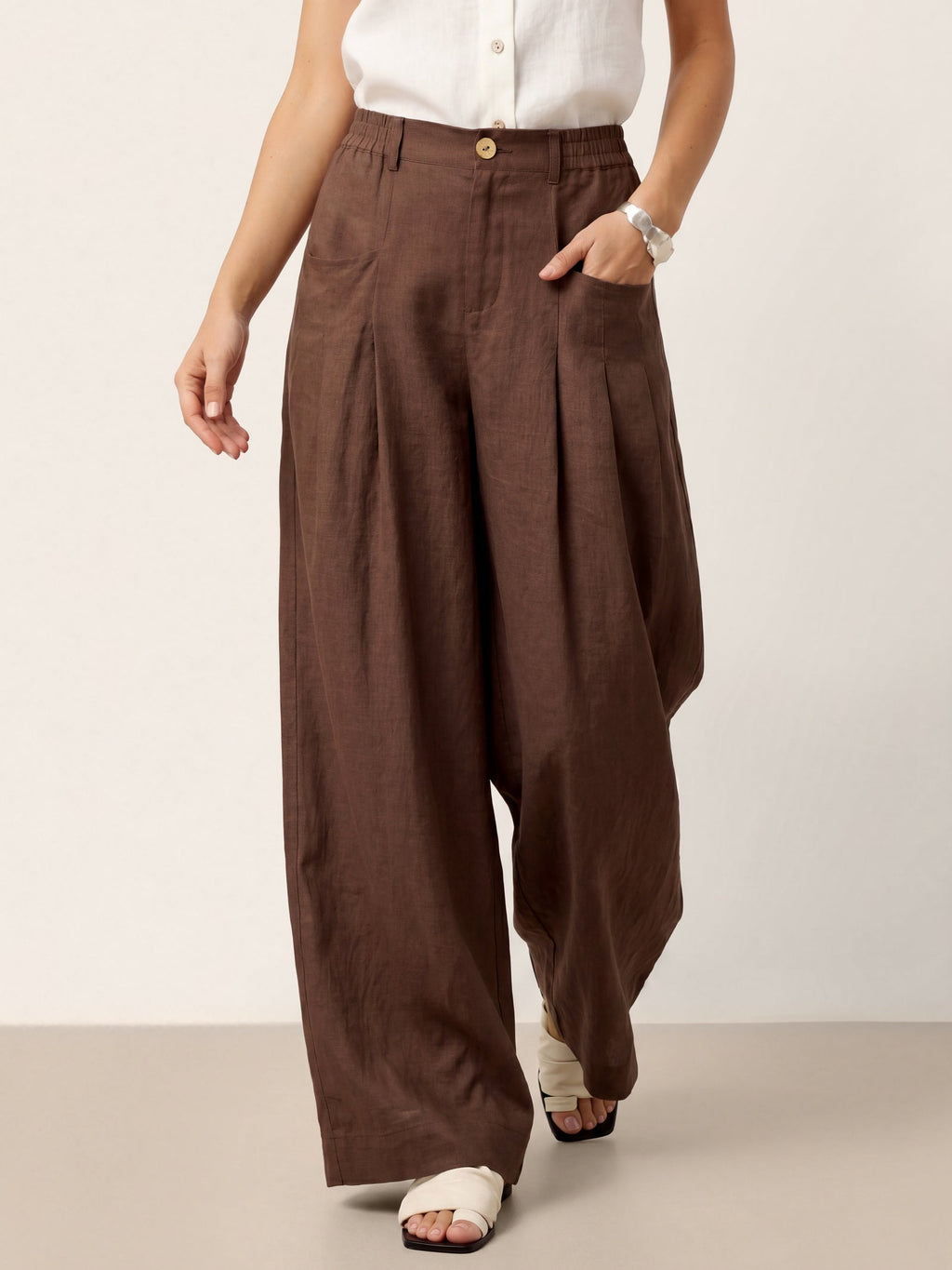 100% Linen Sculpted Pleat Elasticated Back Relaxed Pants VERIDIANA