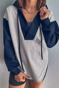 Color Block Patchwork V Neck Drawstring Hoodie