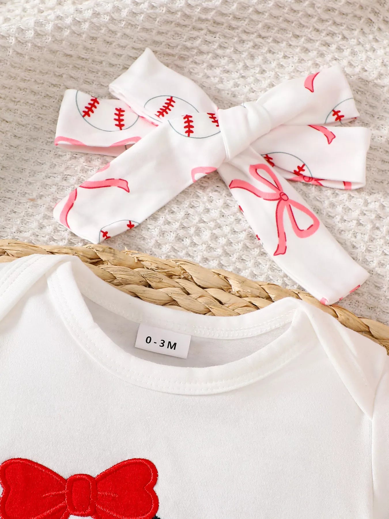 Children's Baseball Short Sleeve Bodysuit and Bow Pants Set with Headband