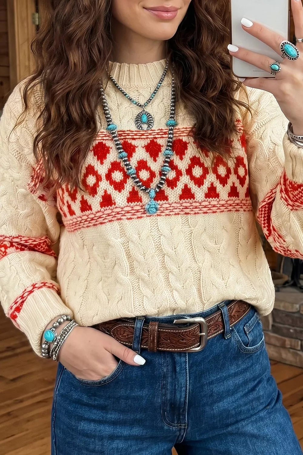 Western Print Round Neck Long Sleeve Shift Sweater