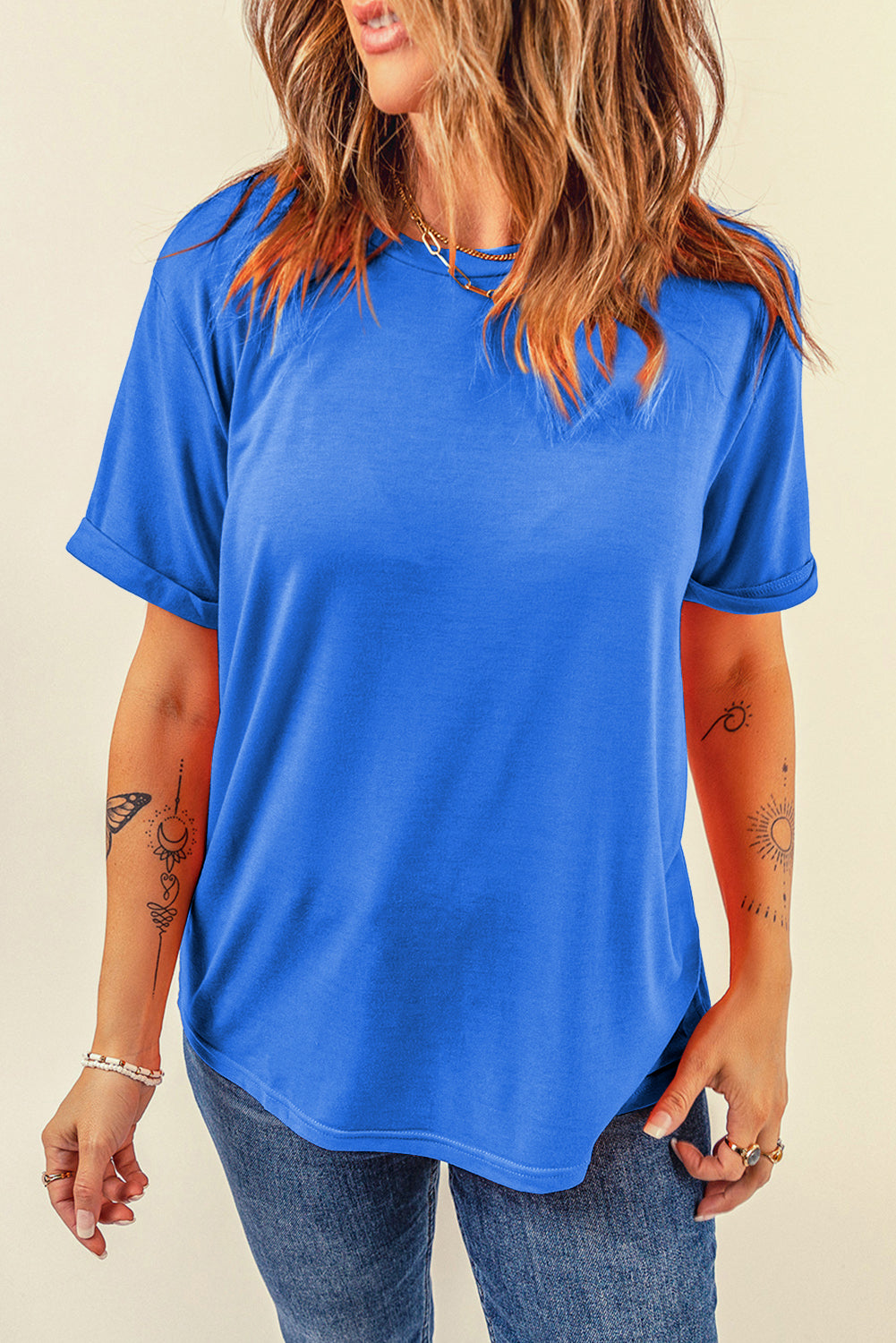 Dark Blue Casual Plain Crew Neck Tee
