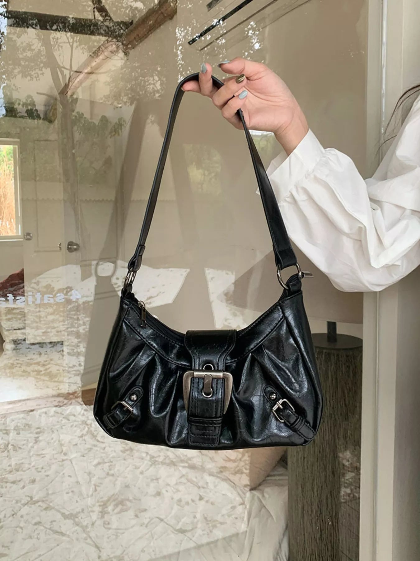 Buckle Decor Ruched Shoulder Bag